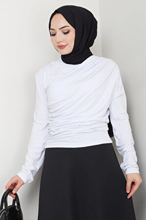 Balıkçı Yaka Büzgü Detaylı Body Beyaz HM2694