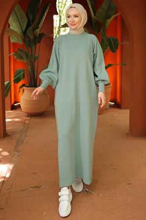 Balon Kol Triko Elbise Mint HM2522