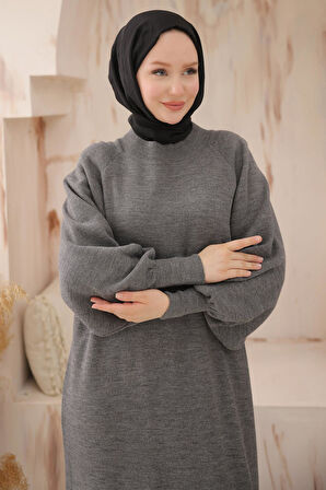 Balon Kol Triko Elbise Füme HM2522