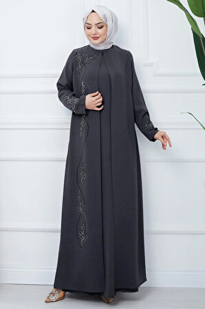 Büyük Beden Yaprak Taşlı Anne Elbisesi Füme HM2350