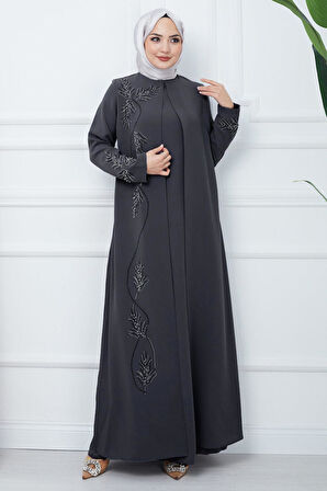 Büyük Beden Yaprak Taşlı Anne Elbisesi Füme HM2350