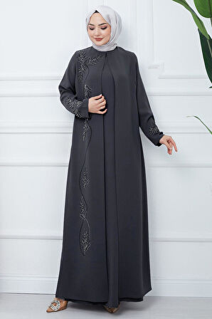 Büyük Beden Yaprak Taşlı Anne Elbisesi Füme HM2350