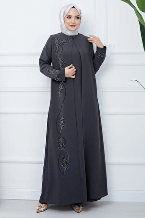 Büyük Beden Yaprak Taşlı Anne Elbisesi Füme HM2350