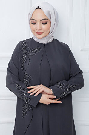 Büyük Beden Yaprak Taşlı Anne Elbisesi Füme HM2350