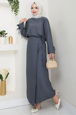 Bağcık Detaylı Etekli Takım Füme HM2724