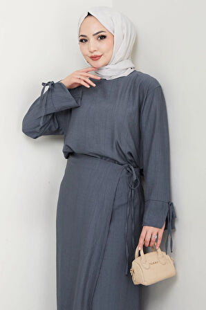 Bağcık Detaylı Etekli Takım Füme HM2724