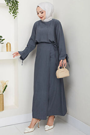 Bağcık Detaylı Etekli Takım Füme HM2724