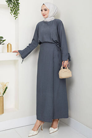 Bağcık Detaylı Etekli Takım Füme HM2724