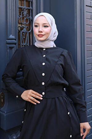 Düğmeli Ceketli Cepli Beli Bağlamalı Jile Elbise Siyah HM2785