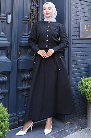 Düğmeli Ceketli Cepli Beli Bağlamalı Jile Elbise Siyah HM2785