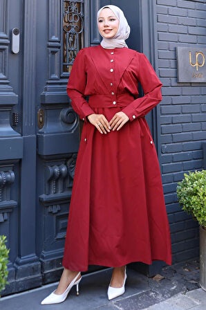 Düğmeli Ceketli Cepli Beli Bağlamalı Jile Elbise Bordo HM2785