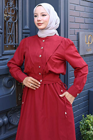 Düğmeli Ceketli Cepli Beli Bağlamalı Jile Elbise Bordo HM2785