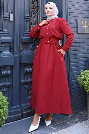 Düğmeli Ceketli Cepli Beli Bağlamalı Jile Elbise Bordo HM2785
