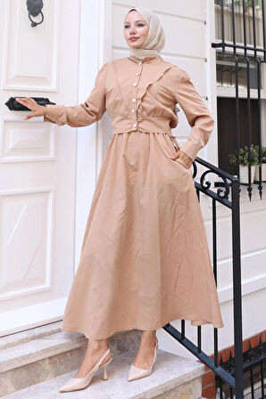 Düğmeli Ceketli Cepli Beli Bağlamalı Jile Elbise Camel HM2785