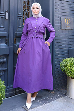 Düğmeli Ceketli Cepli Beli Bağlamalı Jile Elbise Mor HM2785