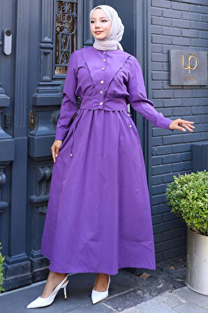 Düğmeli Ceketli Cepli Beli Bağlamalı Jile Elbise Mor HM2785