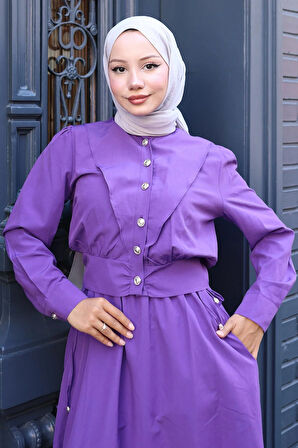 Düğmeli Ceketli Cepli Beli Bağlamalı Jile Elbise Mor HM2785