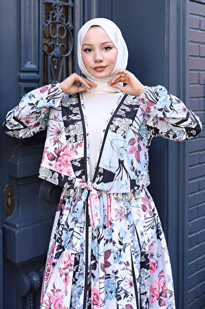 Çiçek Desenli Bağlamalı Etekli Takım Siyah HM2768