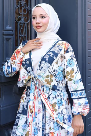 Çiçek Desenli Bağlamalı Etekli Takım Mavi HM2768