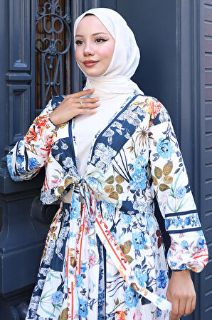Çiçek Desenli Bağlamalı Etekli Takım Mavi HM2768