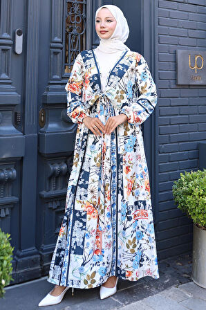 Çiçek Desenli Bağlamalı Etekli Takım Mavi HM2768