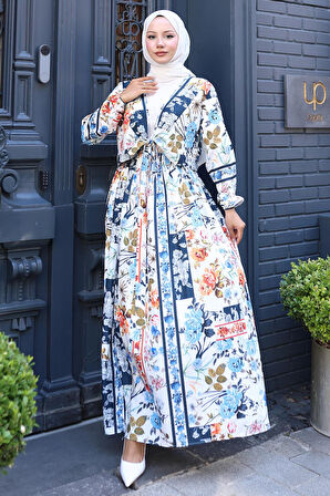 Çiçek Desenli Bağlamalı Etekli Takım Mavi HM2768