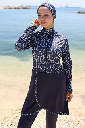 Likralı Desenli Etekli Tam Kapalı Mayo Lacivert HM2789