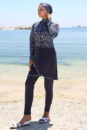 Likralı Desenli Etekli Tam Kapalı Mayo Lacivert HM2789