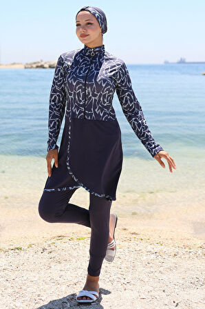 Likralı Desenli Etekli Tam Kapalı Mayo Lacivert HM2789