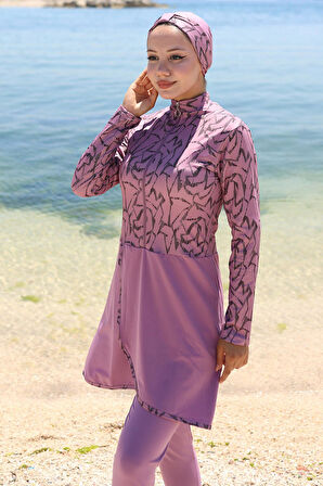 Likralı Desenli Etekli Tam Kapalı Mayo Gül Kurusu HM2789