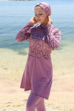 Likralı Desenli Etekli Tam Kapalı Mayo Gül Kurusu HM2789