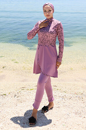 Likralı Desenli Etekli Tam Kapalı Mayo Gül Kurusu HM2789