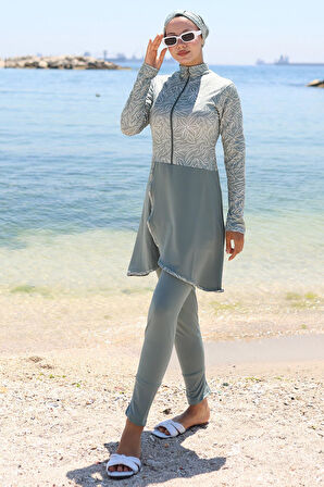 Yarım Fermuarlı Çiçek Desenli Tam Kapalı Tesettür Mayo Mint HM2786