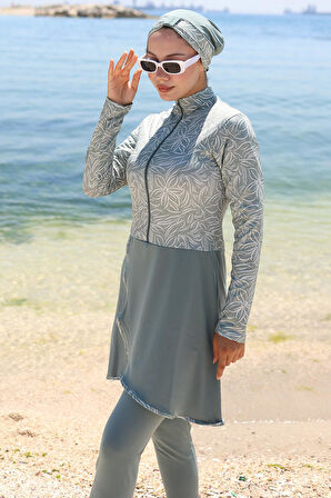 Yarım Fermuarlı Çiçek Desenli Tam Kapalı Tesettür Mayo Mint HM2786