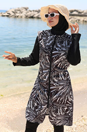 Fermuarlı Yaprak Desenli Tam Kapalı Tesettür Mayo Siyah HM2787