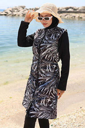 Fermuarlı Yaprak Desenli Tam Kapalı Tesettür Mayo Siyah HM2787