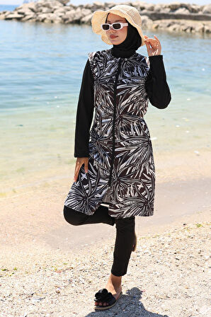 Fermuarlı Yaprak Desenli Tam Kapalı Tesettür Mayo Siyah HM2787