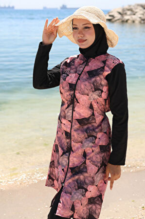 Yaprak Desenli Fermuarlı Tesettür Mayo Tam Takım Siyah HM2788