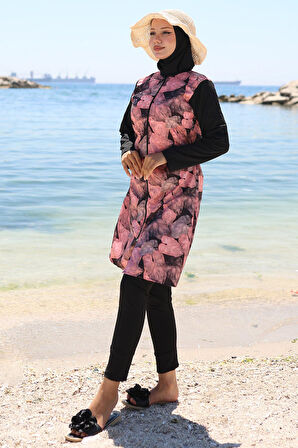 Yaprak Desenli Fermuarlı Tesettür Mayo Tam Takım Siyah HM2788