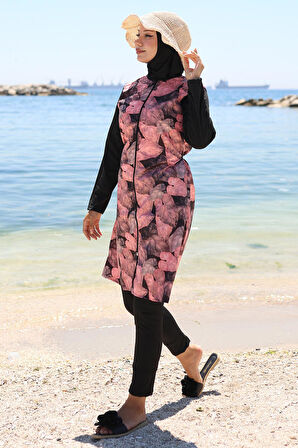 Yaprak Desenli Fermuarlı Tesettür Mayo Tam Takım Siyah HM2788