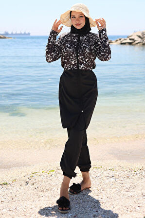 Fermuarlı Çiçek Desenli Tesettür Mayo Tam Takım Siyah HM2790