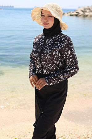 Fermuarlı Çiçek Desenli Tesettür Mayo Tam Takım Siyah HM2790