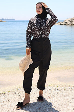 Fermuarlı Çiçek Desenli Tesettür Mayo Tam Takım Siyah HM2790