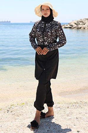 Fermuarlı Çiçek Desenli Tesettür Mayo Tam Takım Siyah HM2790