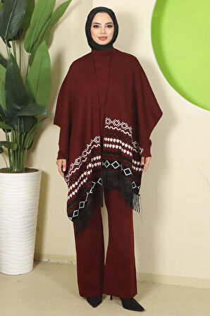 Kilim Desen Pançolu Üçlü Triko Takım Bordo HM2816
