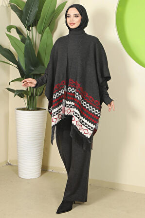 Kilim Desen Pançolu Üçlü Triko Takım Antrasit HM2816