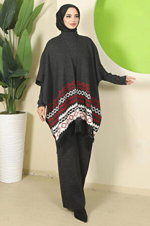 Kilim Desen Pançolu Üçlü Triko Takım Antrasit HM2816