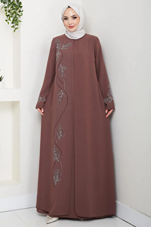 Büyük Beden Yaprak Taşlı Anne Elbisesi Kahverengi HM2350