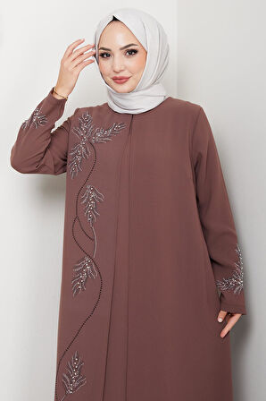 Büyük Beden Yaprak Taşlı Anne Elbisesi Kahverengi HM2350