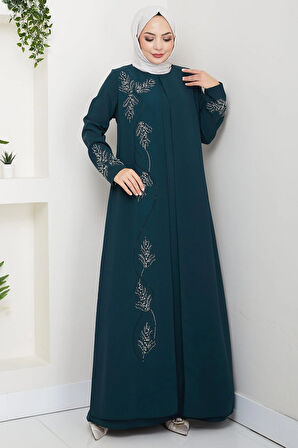 Büyük Beden Yaprak Taşlı Anne Elbisesi Zümrüt HM2350